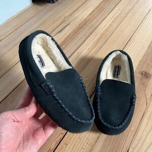 Lands End Kids Navy Blue Suede Moccasin Slippers Faux Fur Lined Youth 1 473021